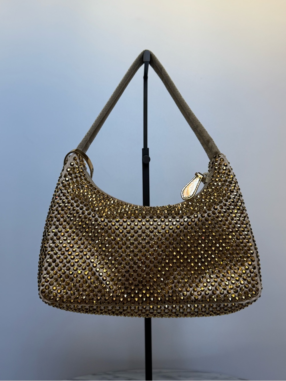Prada Re-Edition 2000 Hobo Gold Crystal Embellished Satin Mini - Picture 7 of 13